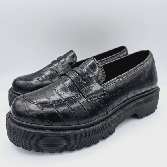 Lulus Maysie Black Crocodile Embossed Flatform Loafers Chunky Academia - Picture 2 of 12